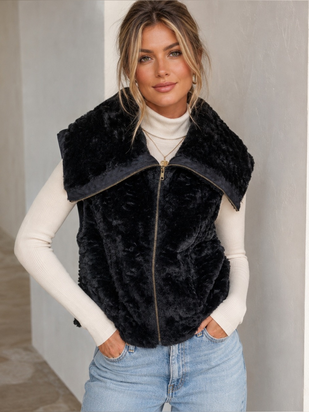 Johnny Was Pete & Greta Women’s Sz S Faux Fur Zip-Front Vest Black Cottage Y2K